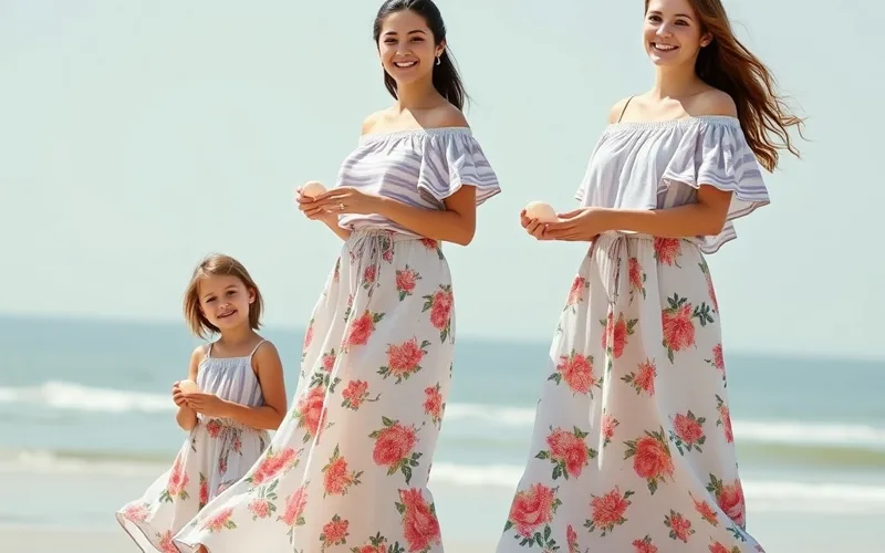 Mẹ và bé gái mặc bộ đôi áo trễ vai và chân váy hoa dáng dài, tạo dáng trên bãi biển