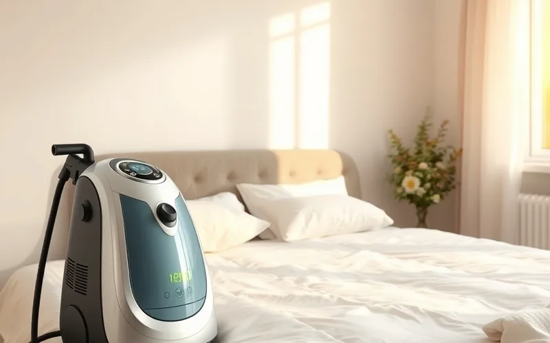 Thiết bị làm sạch bằng hơi nước nóng chuyên dụng đặt cạnh chiếc đệm trắng tinh tươm trong không gian phòng ngủ sáng sủa