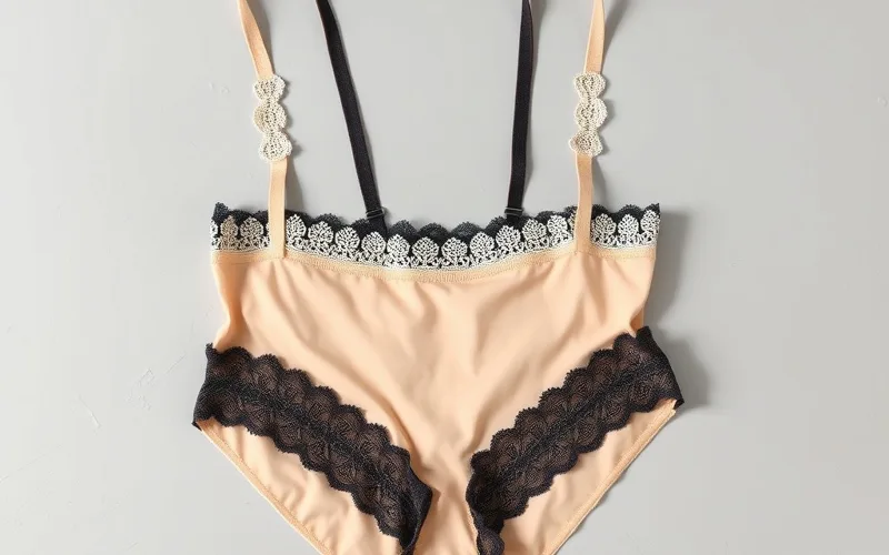 Bandless Suspender Lace Trim Set – Comfortable Everyday Lingerie Lace-trimmed bandless suspender lingerie set laid flat