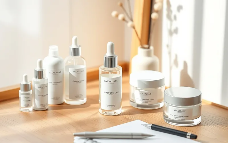 Bàn tư vấn chăm sóc da với các lọ mỹ phẩm dưỡng ẩm và sổ tay ghi chép chu trình skincare
