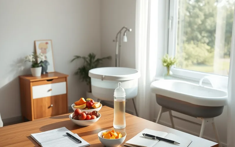 Postpartum nutrition consultation space with fresh fruit and baby care items