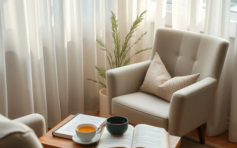 Góc đọc sách thư giãn ấm cúng với tách trà thảo mộc và cuốn sổ tay mở sẵn trên bàn gỗ