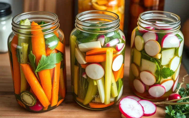 Cách Làm Men Rau Củ Probiotic Tại Nhà Chuẩn Không Cần Chỉnh Hũ thủy tinh chứa rau củ men nhiều màu sắc trên bàn bếp gỗ